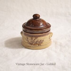 Vintage Stoneware Lidded Jar Brown Glaze Floral Taiwan Rustic Decor